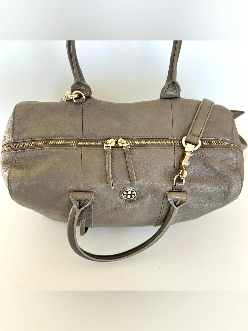 TORY BURCH Taupe Brody Porcini Pebbled Leather With Strap Shoulder Bag Satchel